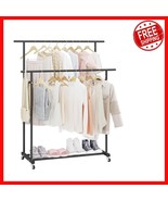 Versatile Double Rod Clothes Rack with Wheels &amp; Storage Shelves - Black - $49.49