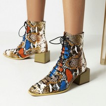 Fashion Snake Print Women Boots Lacing Ankle Boots Comforty Chunky Heel Boots Au - $86.76