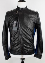Black Blue Studded Leather Asymmetrical Moto Cafe Jacket Men Silver Stud Fashion - £134.71 GBP