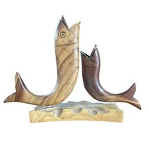 Mid-century Modern Hand-Carved Wooden x2 Fish Figurines mounted on Wood Base - £27.60 GBP