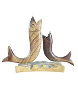 Mid-century Modern Hand-Carved Wooden x2 Fish Figurines mounted on Wood ... - £27.18 GBP