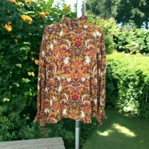 QED London Smocked Blouse L Floral High Neck Top Mustard Balloon Sleeves Flowy - £20.90 GBP
