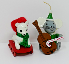 R Dakin 1979 1980 Wooden Christmas Ornaments Mouse with Chello Bear Sled... - $17.99