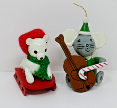 R Dakin 1979 1980 Wooden Christmas Ornaments Mouse with Chello Bear Sledding - £14.38 GBP