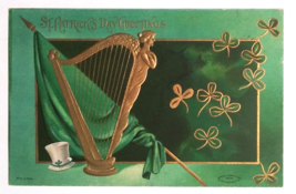 St Patricks Day Greetings Golden Harp Top Hat Shamrock Embossed Postcard 1908 - £7.70 GBP