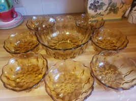 8 Pc Vintage Anchor Hocking Amber Fairfield Glass Serving Bowl Set Scalloped - £35.30 GBP