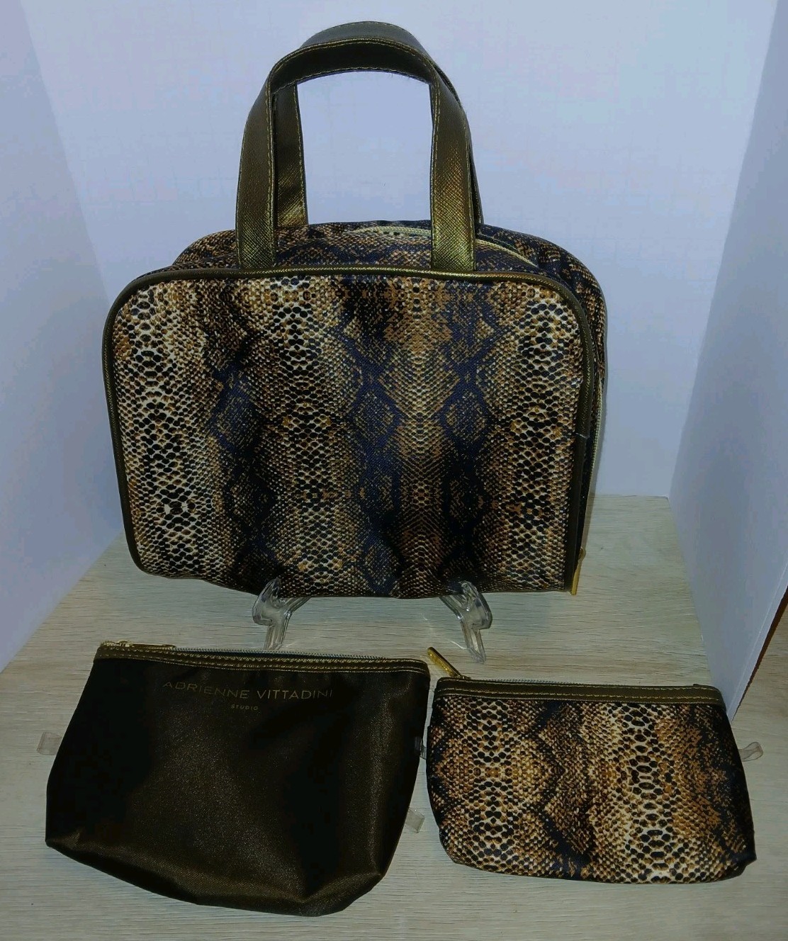 Adrienne Vittadini Make Up Cosmetic Bag &amp; Two Smaller Bags Snakeskin &amp; B... - $14.52
