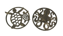 Set of 2 Antique Bronze Finish Cast Iron Sea Turtle And Octopus Wall Hanging - £36.03 GBP