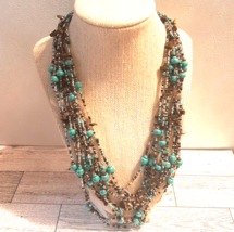 22 Inch 12 Strand Beaded Necklace Turquoise Teal  Brown Colored Magnetic Boho - £29.42 GBP