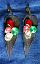 Black Enamel Leaves &amp; Multi Acrylic Rhinestone Pierced Earrings 1980s vin 3 5/8&quot; - £13.37 GBP