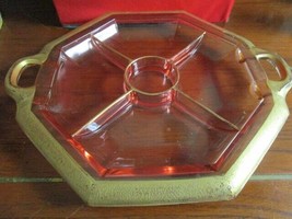 DEPRESSION EIGHT SIDES DIVIDED TRAY PINK GLASS GOLD RIM - $74.25