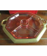 DEPRESSION EIGHT SIDES DIVIDED TRAY PINK GLASS GOLD RIM - $75.23