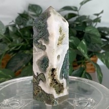 Moss Agate Crystal Tower Druzy Point Wand Energy Generator Stone Obelisk... - $17.43