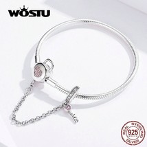 100% 925 Sterling Silver Heart Key Safety Chain Bracelets Pink Zircon Charm Bang - £51.43 GBP