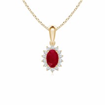 ANGARA Oval Ruby Pendant with Floral Diamond Halo in 14K Solid Gold | 18&quot; Chain - £579.62 GBP