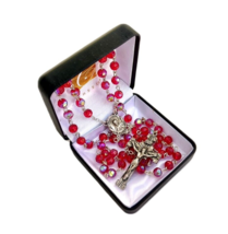 Prague Italian Made Ruby Red Colored Glass Bead Sacred Heart Rosary Gift Box - £17.73 GBP