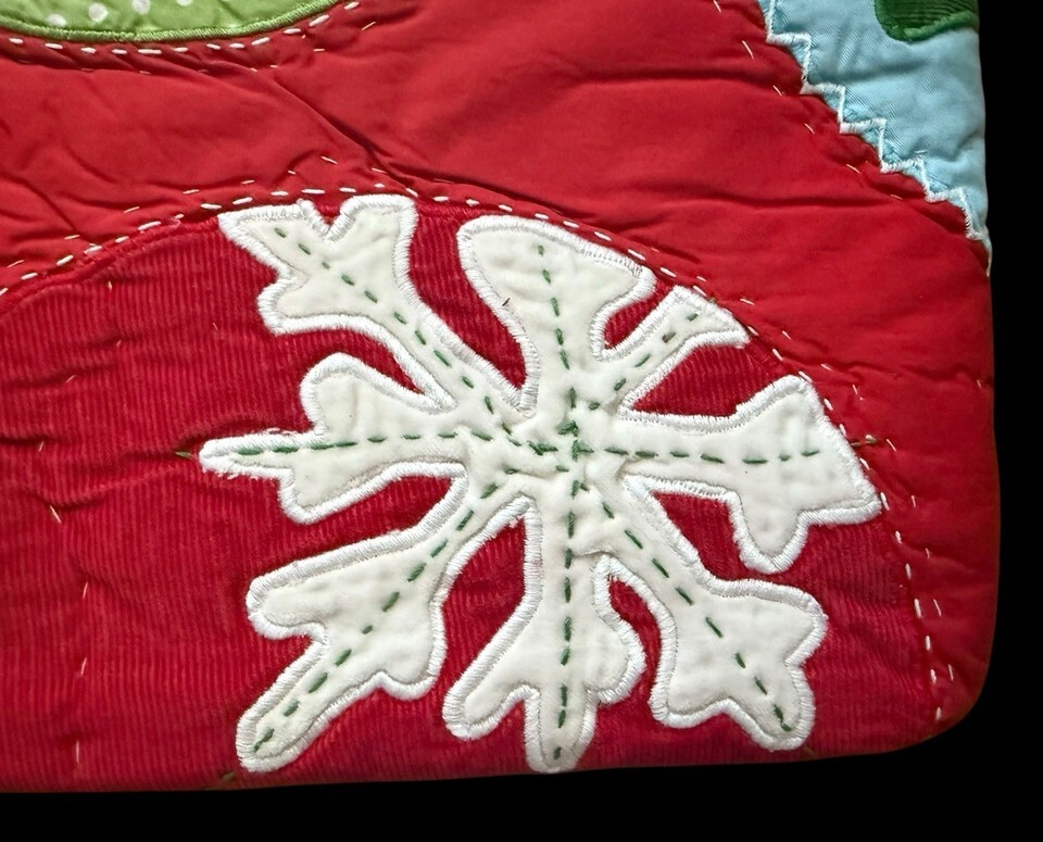 VTG Pottery Barn Kids Embroidered Velvet Christmas Santa Snowman Quilt 49x36” Item image 4