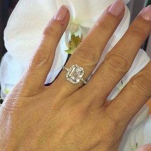 2.15ct Emerald Cut SimulatedDiamond Halo Wedding Ring 18K White Gold Over Silver - £165.46 GBP