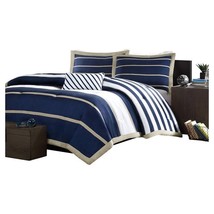 Full / Queen size Comforter Set in Navy Blue White Khaki Stripe - £107.13 GBP