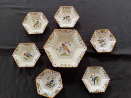Set of 7 Royal Tichelaar Makkum delftware hexagonal ribbed dishes bird decor - £147.62 GBP