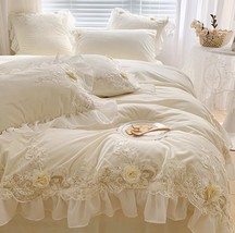 Elegant French 3D Roses Lace Ruffles Duvet Cover Set Milk Velvet Bedding Set - £178.97 GBP+