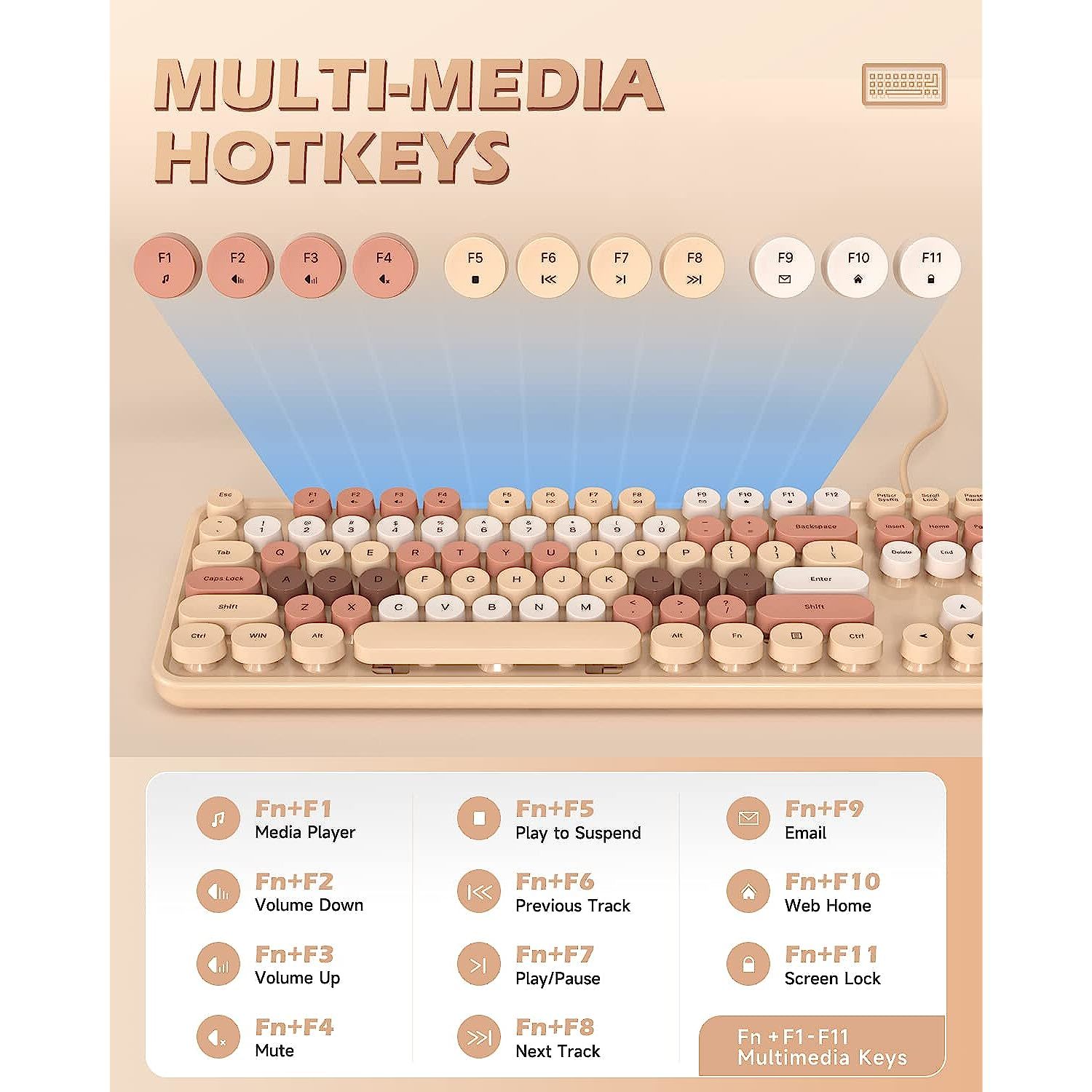 Wired Computer Keyboard, Milk Tea Colorful Typewriter Keyboards, Round