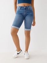 True Religion Riley Big T Stitch Knee Shorts Womens 29 Blue Rolled Cuff NEW - £39.46 GBP