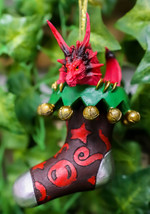 Holiday Festive Spirit Red Stocking Sock Dragon Christmas Tree Hanging Ornament - £21.37 GBP