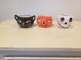 3 Hallmark Halloween Tealight Candle Holders Black Cat, Pumpkin, Skeleton - $11.88