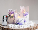 Flameless Flickering Glass Candles with Remote and Timer,Purple Flowers ... - £34.33 GBP