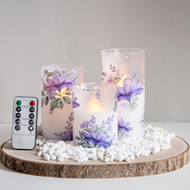 Flameless Flickering Glass Candles with Remote and Timer,Purple Flowers ... - $43.45