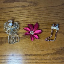 Vintage Set of 3 Christmas Holiday Pins Gold Tone  Angel,  Stocking, Poinsettia - $11.30