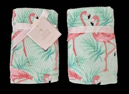 2 Deborah Connolly Flamingos Palm Fronds Textured Rows Pink Green Hand Towels - £23.17 GBP