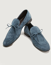 Handmade Bismark Blue Moccasin Moc Toe Suede Leather Men&#39;s Formal Wedding Shoes - £102.14 GBP