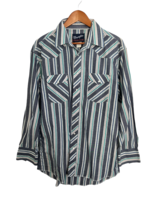 Vtg WRANGLER Mens Shirt Blue/Purple Striped Pearl Snap Western Large X-Long Tail - £25.37 GBP