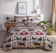 Tree Moose Bear Bedspread Coverlet With Sham Soft FullQueen 90”x 90” Brown Black - £47.59 GBP