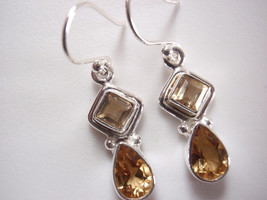 Small Faceted Citrine Square 925 Sterling Silver Dangle Drop Earrings - £14.38 GBP