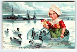 New Year Postcard Girl Inside Wooden Shoe Boat Windmills Ducks Dutch Child 1908 - £23.45 GBP