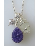Necklace Northwest Bonfire Sea Glass, Purple Raw Druzy Crystal, Pearl Charm - £18.83 GBP
