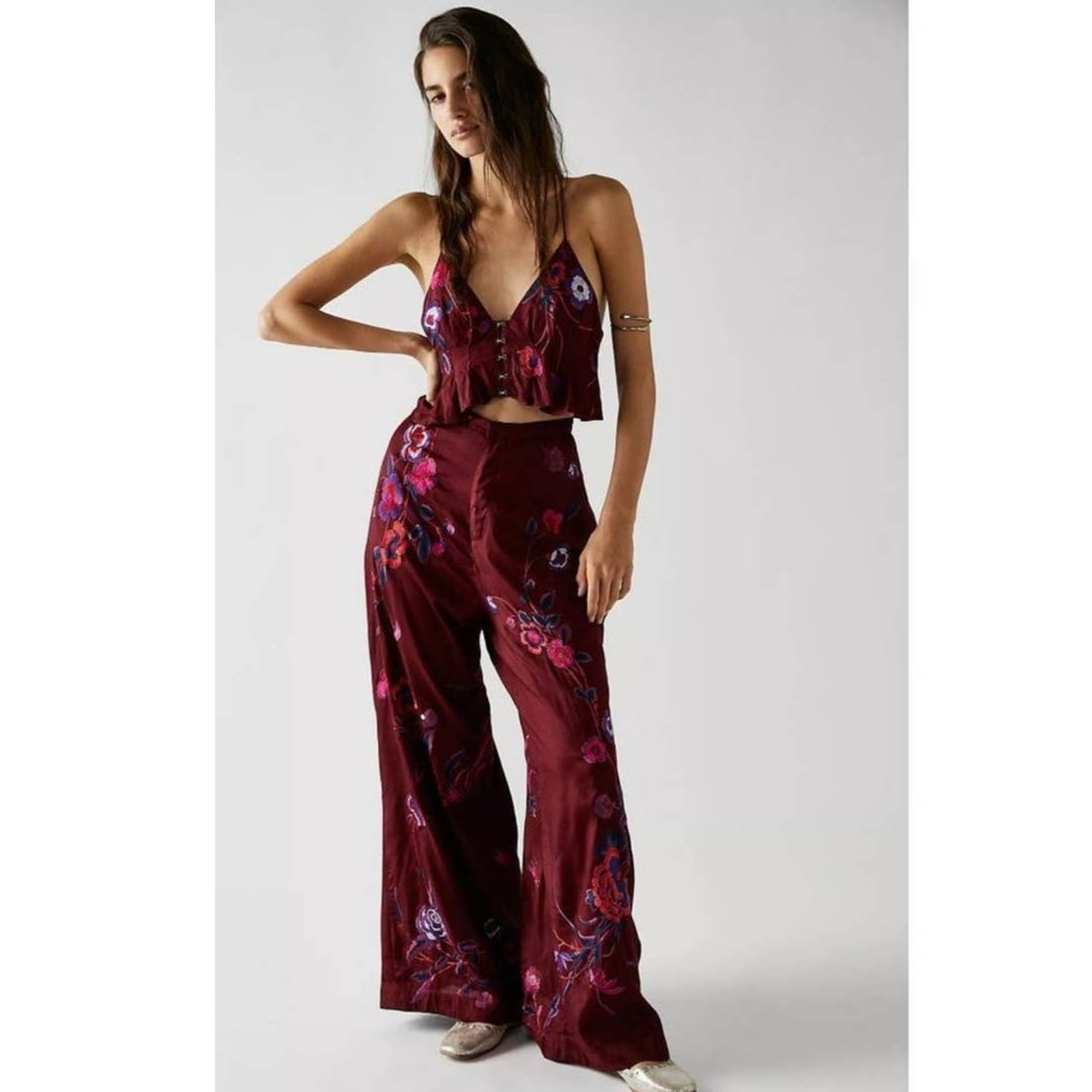 New Free People FP x Anna Sui Poppy Embroidered Pants Set $298 SIZE 2 Wi... - $148.50
