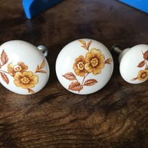3 Vtg Round 80’s Golden Flowers Japan Knobs Pulls Porcelain Drawer Cabinet 2 Lg - £7.89 GBP