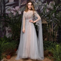 Beautiful Silver Grey Luxury Dubai Evening Dresses Long Sleeve O-Neck A-Line Sex - £388.47 GBP