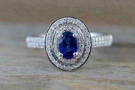 14k White Gold Finish 2Ct Oval Cut Blue Sapphire Double Halo Engagement Ring - £66.26 GBP