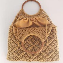 Summer Handmade Cotton Rope Crochet Wooden Handle Bags Hollow Out Hand Handbags  - £36.37 GBP