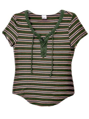 No Boundaries Womens Jr. L (11-13) Green Multi Striped Short Sleeve Cros... - $11.95