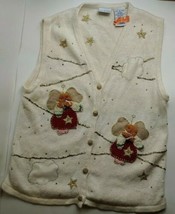 Bobbie Brooks Ivory Sweater Vest Christmas Holiday Angel Bells Gold Star... - $17.99