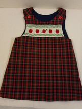 Vintage Girls Handmade Plaid Smocked A-Line Dress with Apples, Accents &amp; a Worm - £22.52 GBP