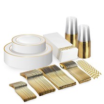 225 Pcs Gold Rim Disposable Plastic Dinnerware Set (25 Guest) | 25 X (Di... - £73.45 GBP