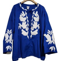 CHICO&#39;S Women 3(16-18) Tie Neck Peasant Top, Blue White Embroidered Boho  - $23.76