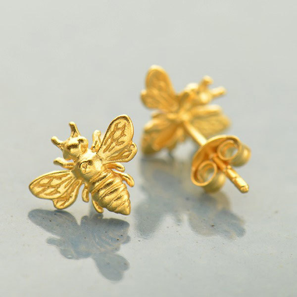 Gold Stud Earrings - Bumble Bee in 24K Gold Plate 9x11mm - $69.08